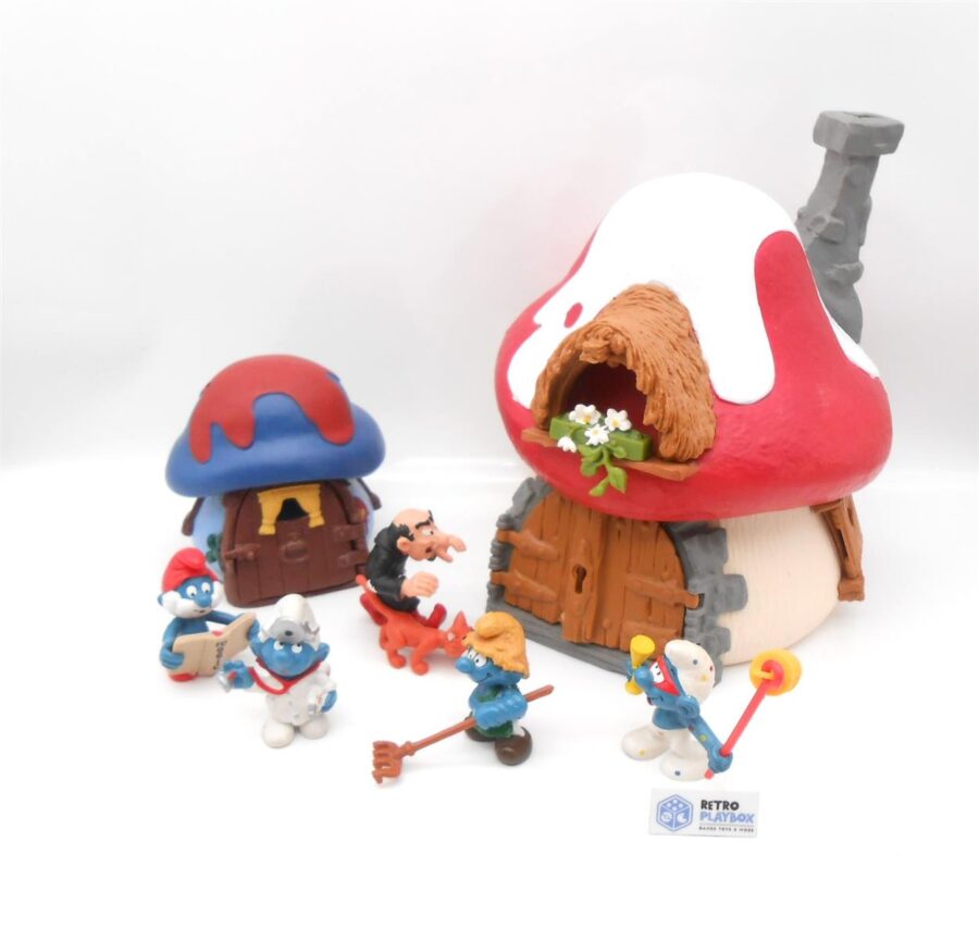 2x Schlumpf Haus & 5 Schlümpfe von Schleich 78 Rot Blau Vintage Retro
