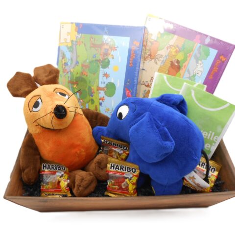 PRÄSENTKORB "Die Sendung mit der Maus" Maus & Elefant Plüsch Puzzle Geschenk