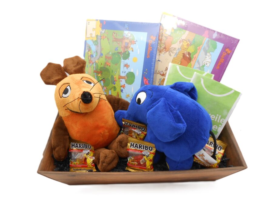 PRÄSENTKORB "Die Sendung mit der Maus" Maus & Elefant Plüsch Puzzle Geschenk