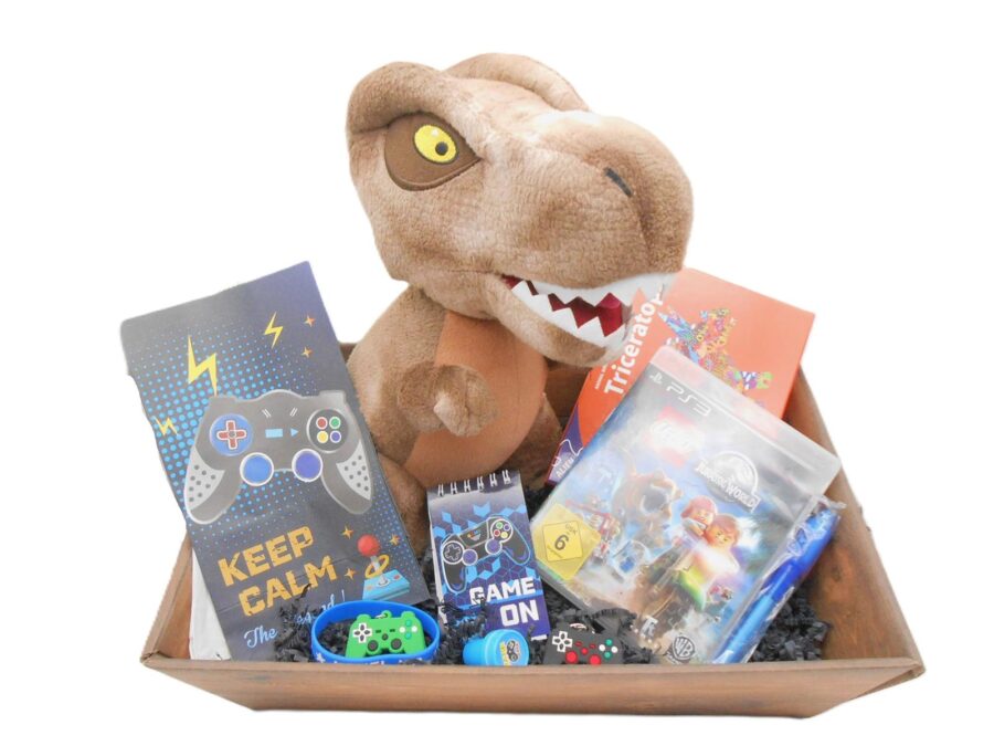 PRÄSENTKORB "Jurassic World" PS3 Spiel Dinosaurier Plüsch &mehr Geschenkidee
