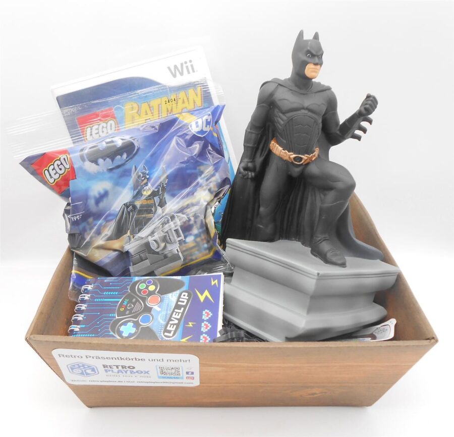 PRÄSENTKORB "Lego Batman Nintendo Wii" Spiel + Batman Spardose + Lego Set