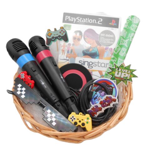 PRÄSENTKORB "PS2 Singstar Set" Playstation 2 Mikrofone + Spiel Geschenkidee