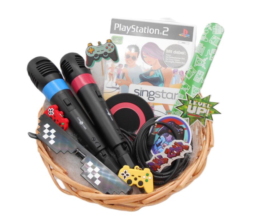 PRÄSENTKORB "PS2 Singstar Set" Playstation 2 Mikrofone + Spiel Geschenkidee