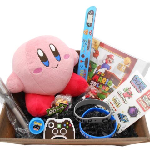 PRÄSENTKORB "Super Mario Land 3DS"+Kirby Plüsch Nintendo Gaming Geschenkidee