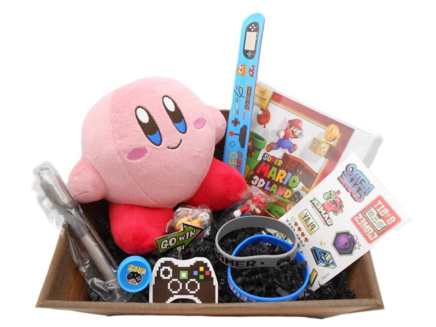PRÄSENTKORB "Super Mario Land 3DS"+Kirby Plüsch Nintendo Gaming Geschenkidee